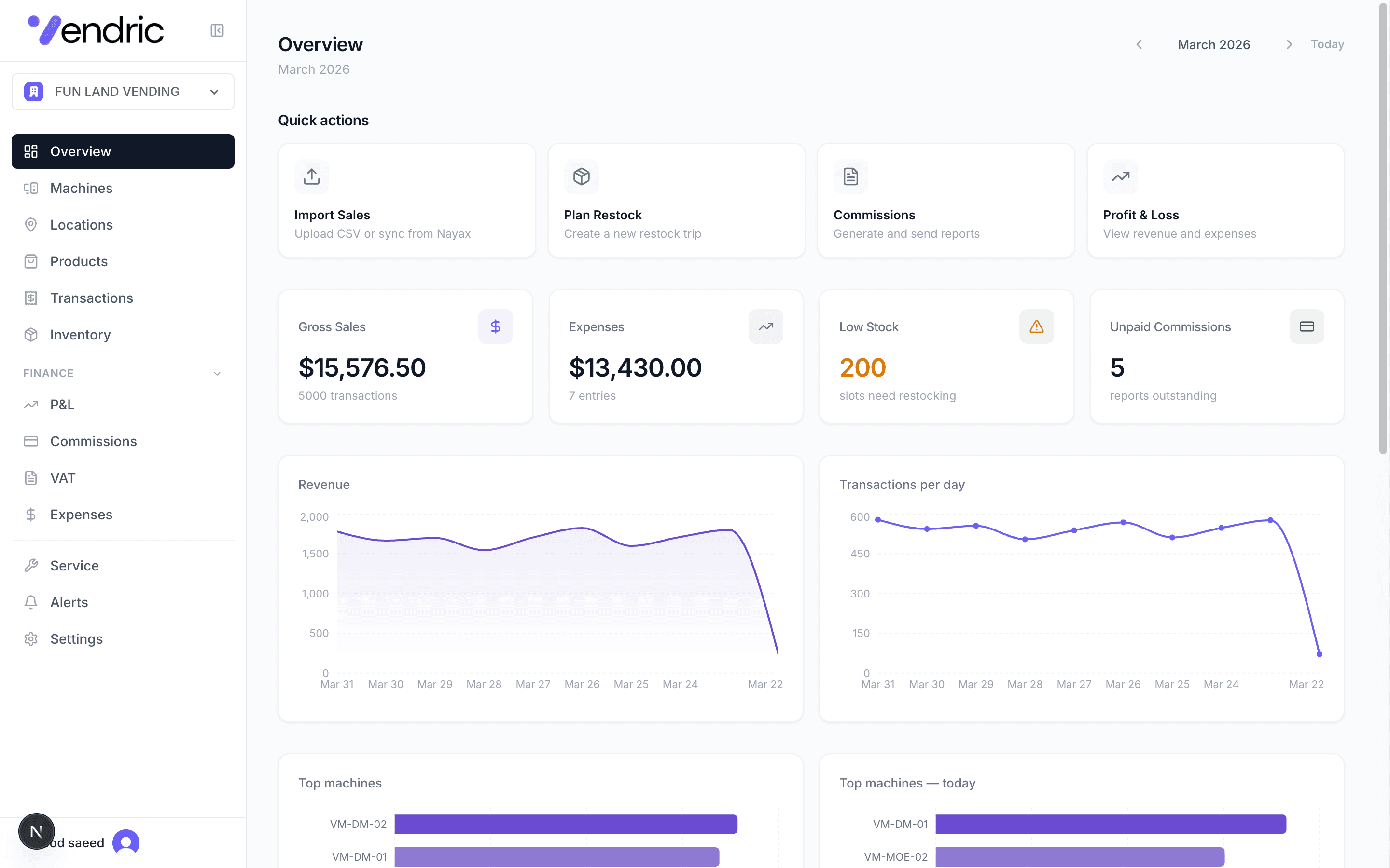 Vendric dashboard showing overview, sales metrics, and quick actions
